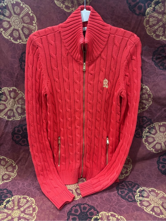 Ralph Lauren Sweaters - Ralph Lauren Red Cable Knit Zip-Up Turtleneck Sweater
